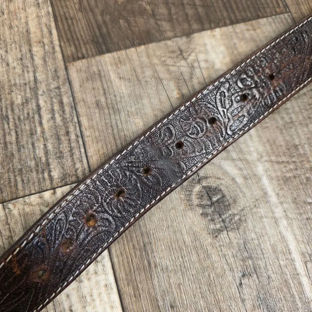 Leather Tooled Belt Brown Size 44 Western Cowboy No Buckle